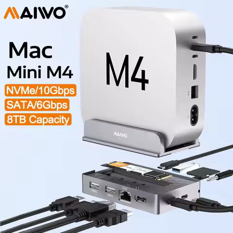MAIWO Mac mini M4 Dock & Stand with M.2 SATA NVMe Enclosure Case 6/10Gbps 9-in-1 M4 Pro Hub USB HUB 