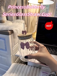 500ml(16.91oz) Butterfly Princess Series Glass Straw Cup - Ideal Gift For Holidays And Birthdays, Fo