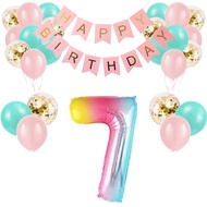 (SG SELLER) 7th Birthday Party Decoration, Pastel Pink 7th Birthday Decor Set Happy Birthday Rainbow