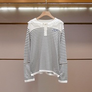 E7HX Maj-e Women's Summer Lace Stitching Striped Long-Sleeved T-Shirt