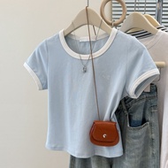2025夏季新款短袖T恤女修身款 韩版刺绣短款上衣