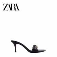 Zara Women's Shoes New Style Black Metal Chain Buckle Flat Strap Back Empty Open Toe Shoes Stiletto Women
