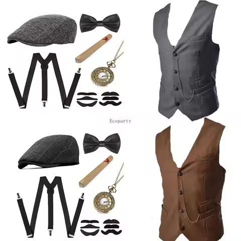 Men's Gangster Costume And Accessories Set Steampunk WaistCoat Peaky Blinders Vest Pocket Watch 1920
