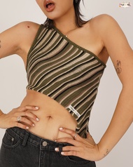 CUPPA - CROISSANT One shoulder Top (2 สี) Cuppa x Pimwa เสื้อกล้ามไหมพรมทรงไหล่เดี่ยว ทรงพอดีตัว ลาย