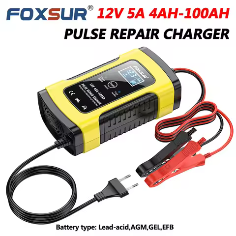 FOXSUR 12V 5A Full Automatic Pulse Repair Charger Car Battery Charger Smart Fast Power for AGM GEL E