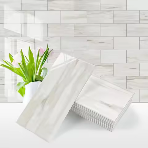 100-Piece Glossy Wooden Marble Grain Peel and Stick Backsplash Tile,3''x6'' PVC Subway Tile with Gro
