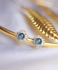 招財女神|神秘高貴海藍之謎藍剛|A貨翡大蛋面純銀鍍18k豪鑲耳環