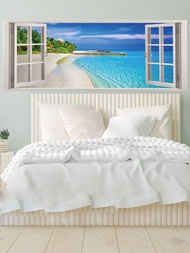 1入組海灘海景假窗貼紙綠色棕梠樹海天自然風景壁貼剝離式假窗壁畫海報客廳景觀牆面裝飾 15.4"x39.4"