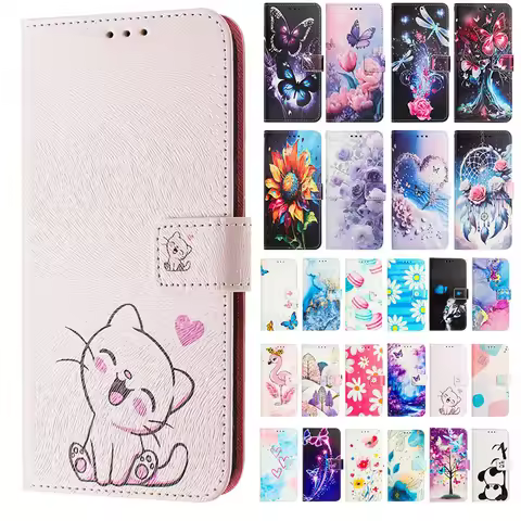 Leather Flip Case For Samsung Galaxy S26 S25 Ultra Plus Pro A07 A17 A57 A37 Cute Cat Painting Wallet