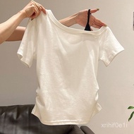 Mad Girl Must Go Design Sloping Shoulder Top White Fake Two-Piece Contrast Color Short-Sleeved Shirt