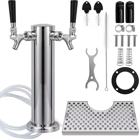 Kegerator Tower Dual Faucet Beer Tower Kit, Double Beer Tap & Drip Tray for Home Bar, Beer Dispensin