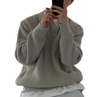 Fall Winter Men Sweater Turn-down Collar Half Zipper Long Sleeves Solid Color Loose Knitted Top Dail