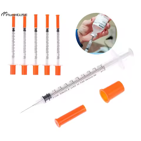5Pcs 1/0.5/0.3ML Disposable Plastic Veterinary Syringe Orange Cap Sterile Insulin Syringe w/ Needles