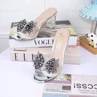 Dép cao gót vuông trong 7p/9p quai bản trong kết nơ lưới đính đá G22 - Guốc cao gót ( giày phom nhỏ)