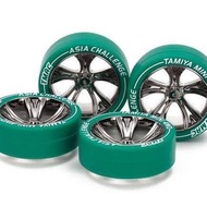 TAMIYA 95686 MEDIUM DIA. LOW PROFILE TIRE & BLACK PLATED A-SPOKE WHEEL SET (ASIA CHALLENGE)