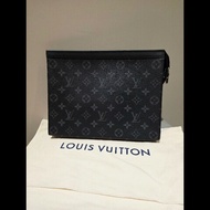 (98.9新) 離櫃收藏品 LV M61692 黑色老花帆布牛皮男士一字銀扣拉鍊手拿包 收納包