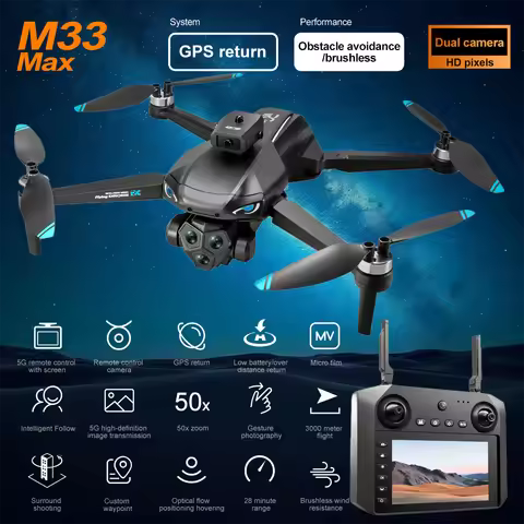 M33 MAX 4.5‘’ Screen Control GPS Drone with4K/6K Dual Camera Optical Flow Obstacle Avoidance Brushle