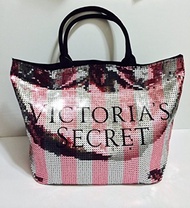 VICTORIA  S SECRET Limited Edition Pink White Striped Sequin Large Tote Bag