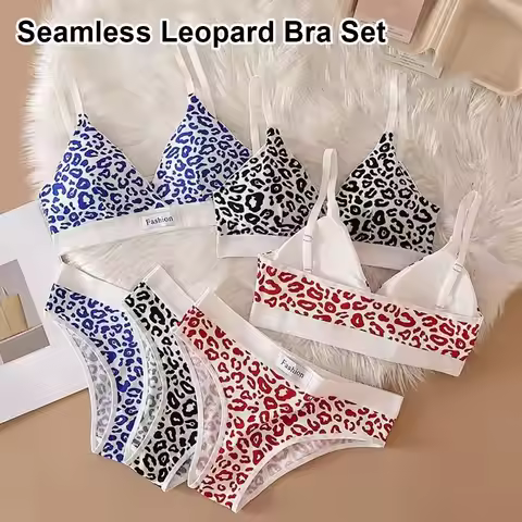 1Set Adjustable Shoulder Strap Seamless Bra Set Low Waist Panties Traceless Leopard Bralette Non-wir