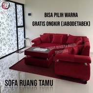 Sofa Ruang Tamu L Sudut + Meja|Bludru - Bonus 6 Bantal. Merah.