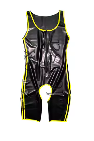 Novelty latex bodysuit attached front zip and decorative with yellow stripes and open crotch for men