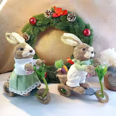 Easter Bunny Decoration Cute Straw Rabbit Decor for Office Farmhouse Garden
