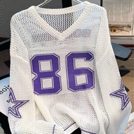 เสื้อแขนยาวพิมพ์ตัวเลขหลวมๆคู่สำหรับผู้หญิงในฤดูร้อน, เสื้อกันหนาวถักไหมแก้วเปิดโปร่งหรูหรา