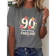 Women's 90 Years Fabulous Birthday T-Shirt - 90th Birthday Party Outfit with Floral & Number 90 Desi
