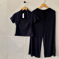 Setelan Celana Panjang / Set Atasan Square Neck Crop Lengan Pendek / One Set Kerah Kotak Pendek