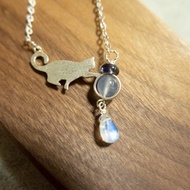 8MM月亮石, 藍玉髓, 堇青石扁珠 925 貓 純銀鎖骨鍊