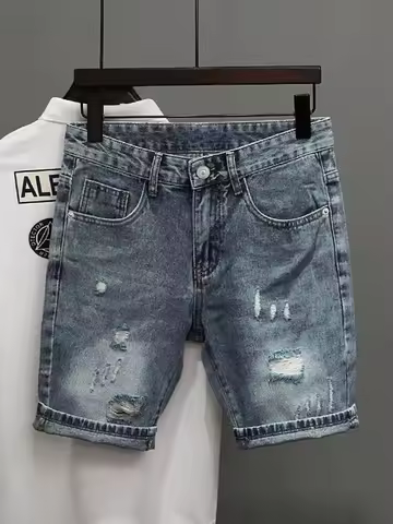 Light Blue Denim Shorts Men's Summer Distressed Ripped Y2K Jean Shorts Bermuda Knee Jeans Streetwear
