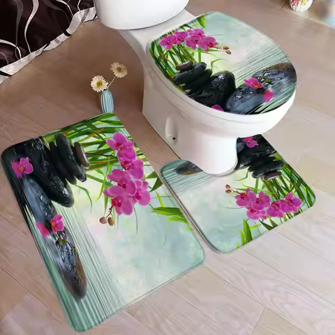 Zen Bath Mat Set Purple Orchid Flowers Black Stone Green Bamboo Home Carpet Bathroom Decor Floor Rug