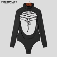 INCERUN Men Bodysuits Turtleneck Long Sleeve Pajamas Hollow Out Lace Up Men Underwear Backless Solid Sexy Bodysuit Rompers 5XL 7