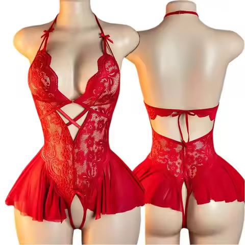 Open Erotic Suit Hot Adult Lingerie Hanging Neck V-neck Design Naughty Underwear Crotchless Bodysuit
