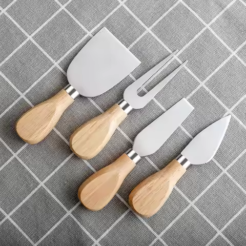 10sets Stainless Steel Cheese Knife Cheese Butter Pizza Cream Butter Wooden Handle Cheese Knife Fork