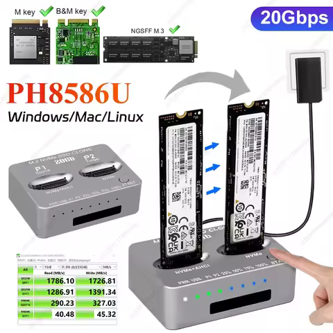 Dual-Bay M.2 NVME SSD Clone USB3.2 Type C External Hard Disk Box Gen2X 20Gbps M/B M Key M.2 M.3 NVME