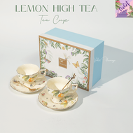 Violet Flamingo ชุดน้ำชาลายเลมอนและดอกไม้ วัสดุเป็นเซารามิคสีครีม กาน้ำชาและแก้วกาแฟพร้อมจานรอง รุ่น