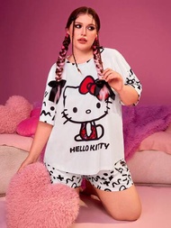 HELLO KITTY AND FRIENDS | SHEIN 大碼休閒卡通印花下垂肩T恤和白色短褲睡衣套裝