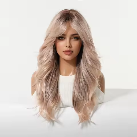 Rose Blonde Ombre Brown Long Natural Wave Synthetic Wigs with Bangs for Women Heat Resistant Daily C