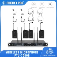 Phenyx Pro PTU-7000B Wireless Microphone System Quad Channel Wireless Mic Set 4 Bodypacks and Headsets/Lapel Mics Auto Scan 328ft Coverage for Singing Church Stage Karaoke
