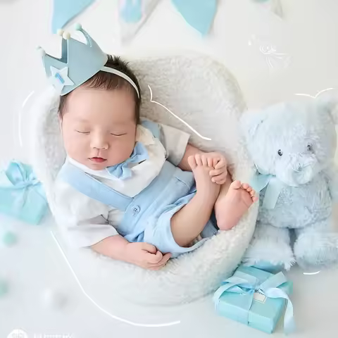 Newborn Photography Props Baby Boy Sky Blue Cute Birthday Bear Set with Gift Decors Theme Set for Su