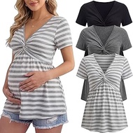 3 Pack V Neck Front Knotted Maternity Tops Short Sleeve Ruched Pregnancy Tunic Shirts Summer Casual 