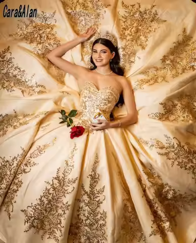 Cara&Alan Gold Quinceanera Dresses 2024 Sequin Applique Charro Mexican Vestidos De 15 Años Sweet 16 