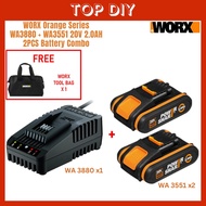 WORX Battery WA3551 20V 2.0AH BATTERY WITH INDICATOR (2PC) +  WA3880 Worx Fast Charger