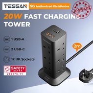 TESSAN - SG Safety Mark, 12 Ways Outlet Extension Multi Tower Plug with USB C Socket,Surge Protector