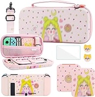GLDRAM Pink Carrying Case for Nintendo Switch, Theme for Sailor Moon Accessories Bundle with Portable Travel Case, Soft TPU Switch Skin, Screen Protector, Game Case, Shoulder Strap and 2 Thumb Caps