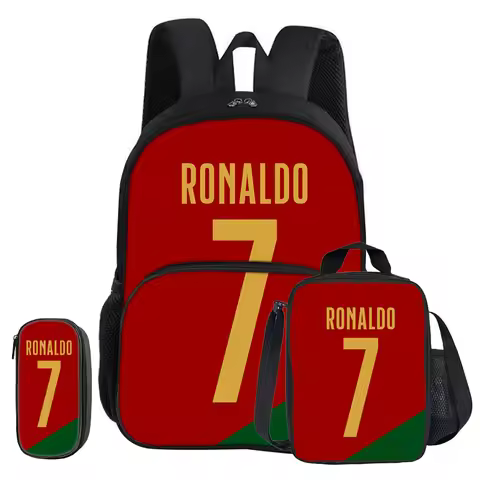 3 Pcs set with Front Pocket Backpack Ronaldo Football Sport with Thermal Insulated Lunch Tote Purse 