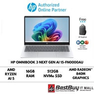 HP OmniBook 3 NGAI 15-fn0000AU Silver (Ryzen AI 5 340 (6C) 50 NPU TOPs/16GB DDR5 2DM 5600/512GB PCIe