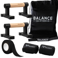 Pro Metal Wooden Parallettes Push Up Bars Bundle With Bag, Grip Tape, Wristwraps, Paralettes, Strap 