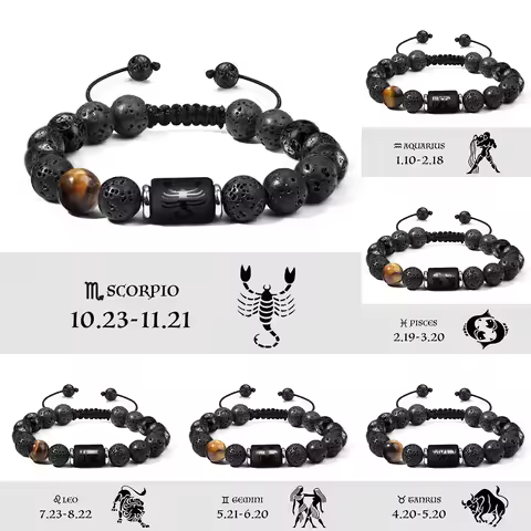 12 Zodiac Signs Charm 10mm Natural Lava Volcanic Stone Bracelet Adjustable Man Bracelet Friendship G
